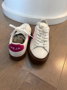 Veja White Sneakers with Pink Heel Tab and Brown Gum Sole